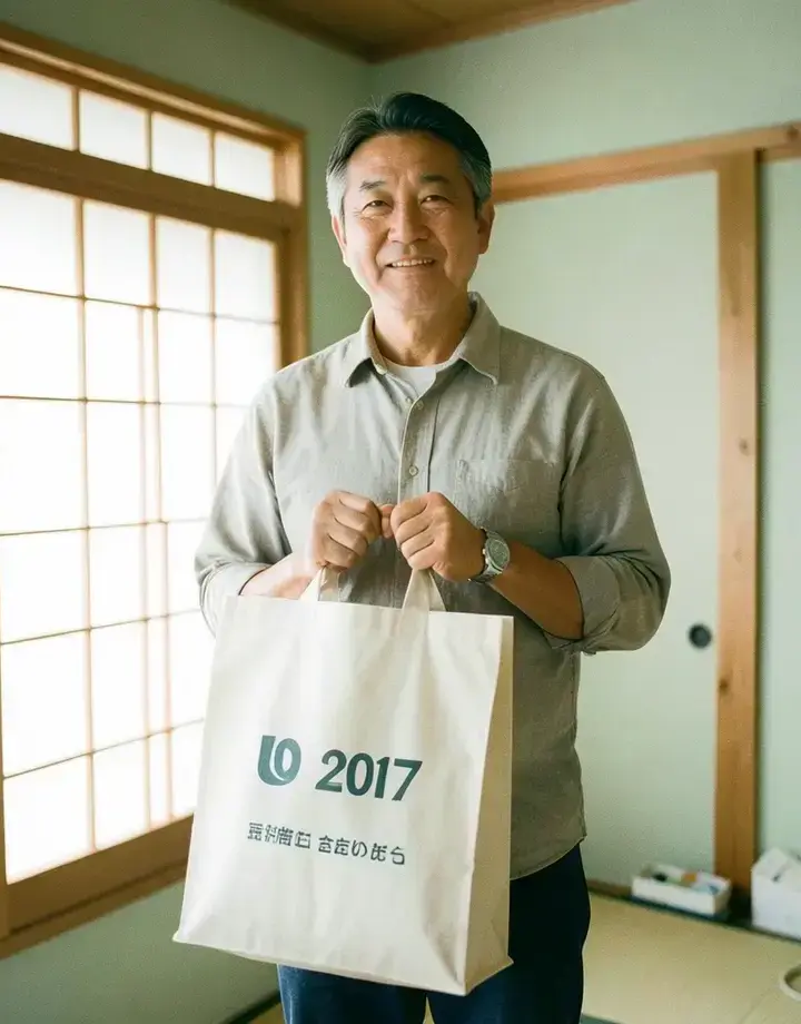 absenteeismallm.com 創設者 佐藤健一と最初の集配バッグ